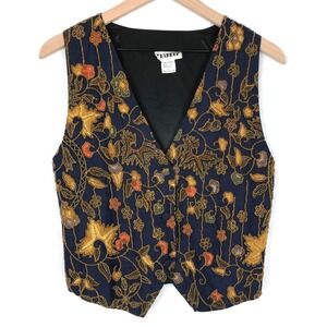 VTG CHARITY Beaded Floral Batik Vest Women's L Navy Gold Boho Artsy Statement